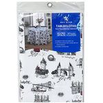 60" X 60" White with Building Design PVC Tablecloth with Flannel Backing