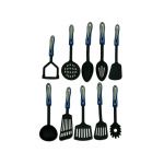Nylon kitchen utensils with blue and silver handles, assorted