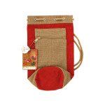 Red &amp; Natural Drawstring Burlap Wine Tote Bag