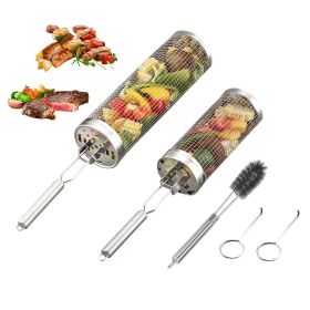 2Pack Rolling Grill Baskets BBQ Net Tubes Stainless Steel Barbecue Grill Grates with 2 Handles 2 Hooks Cleaning Brush for Vegetable Fish Meat Foo