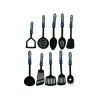 Nylon kitchen utensils with blue and silver handles, assorted