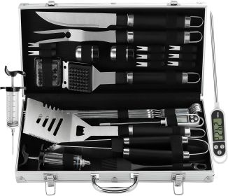 Grilljoy 24PCS BBQ Grill Tools Set With Meat Thermometer And Injector - Extra Thick Stainless Steel Fork, Spatula& Tongs - Complete BBQ Accessories In (Option: Black-Stainless Steel)