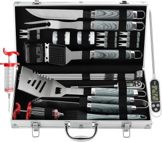 Grilljoy 24PCS BBQ Grill Tools Set With Meat Thermometer And Injector - Extra Thick Stainless Steel Fork, Spatula& Tongs - Complete BBQ Accessories In (Option: Grey-Stainless Steel)